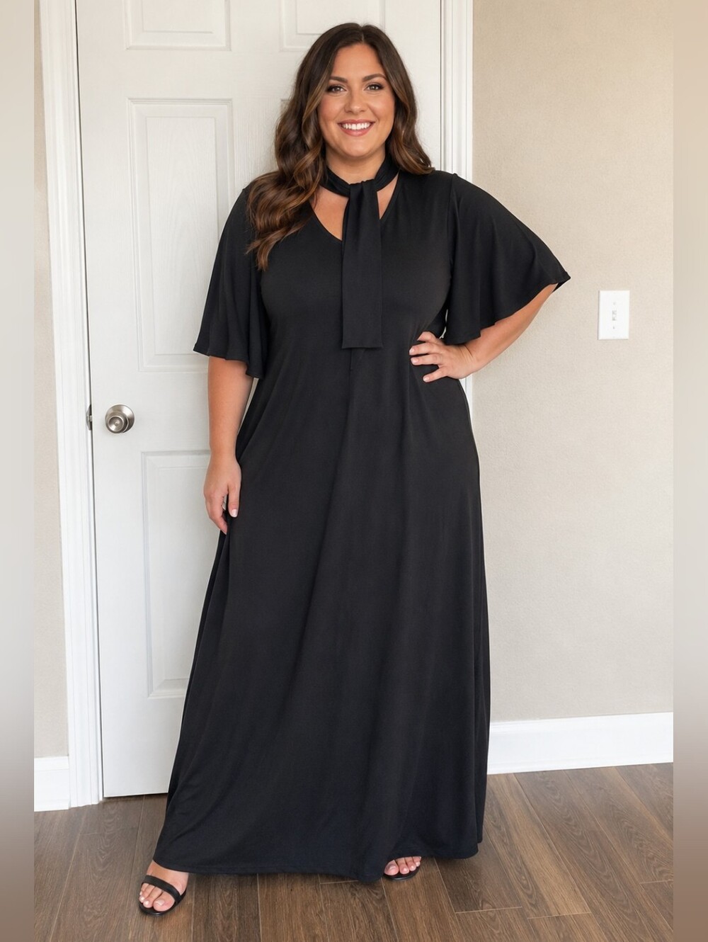 NWT Chicos Maxi Dress Flutter Sleeve Black Neck Tie Scarf Women's 3 / XL / 16